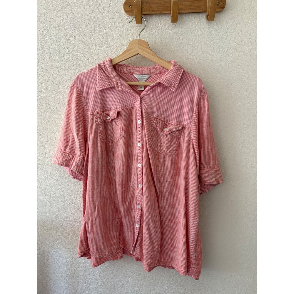 CJ Banks Womens 3X Coral Pink White Striped Gingham Button Down Short Sleeve Top